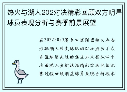 热火与湖人202对决精彩回顾双方明星球员表现分析与赛季前景展望